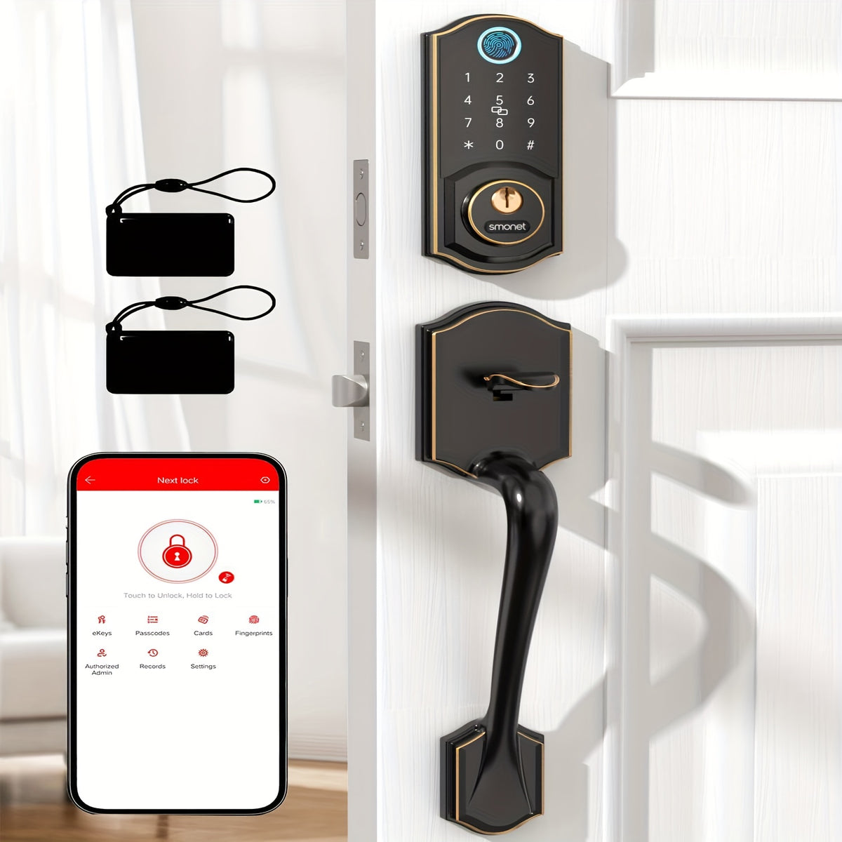 SMONET Fingerprint Deadbolt and Handle Set with Bluetooth, Digital Keypad, Phone App and Auto-Lock Wording, Black, Silvery or Oil Rubbed Bronze Options