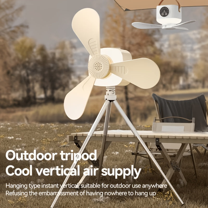 Tripod Camping Fan in White with USB Power, Adjustable Airflow and Light Brightness, Removable Blades and Portable Design for Tents, Bedrooms and Dorms