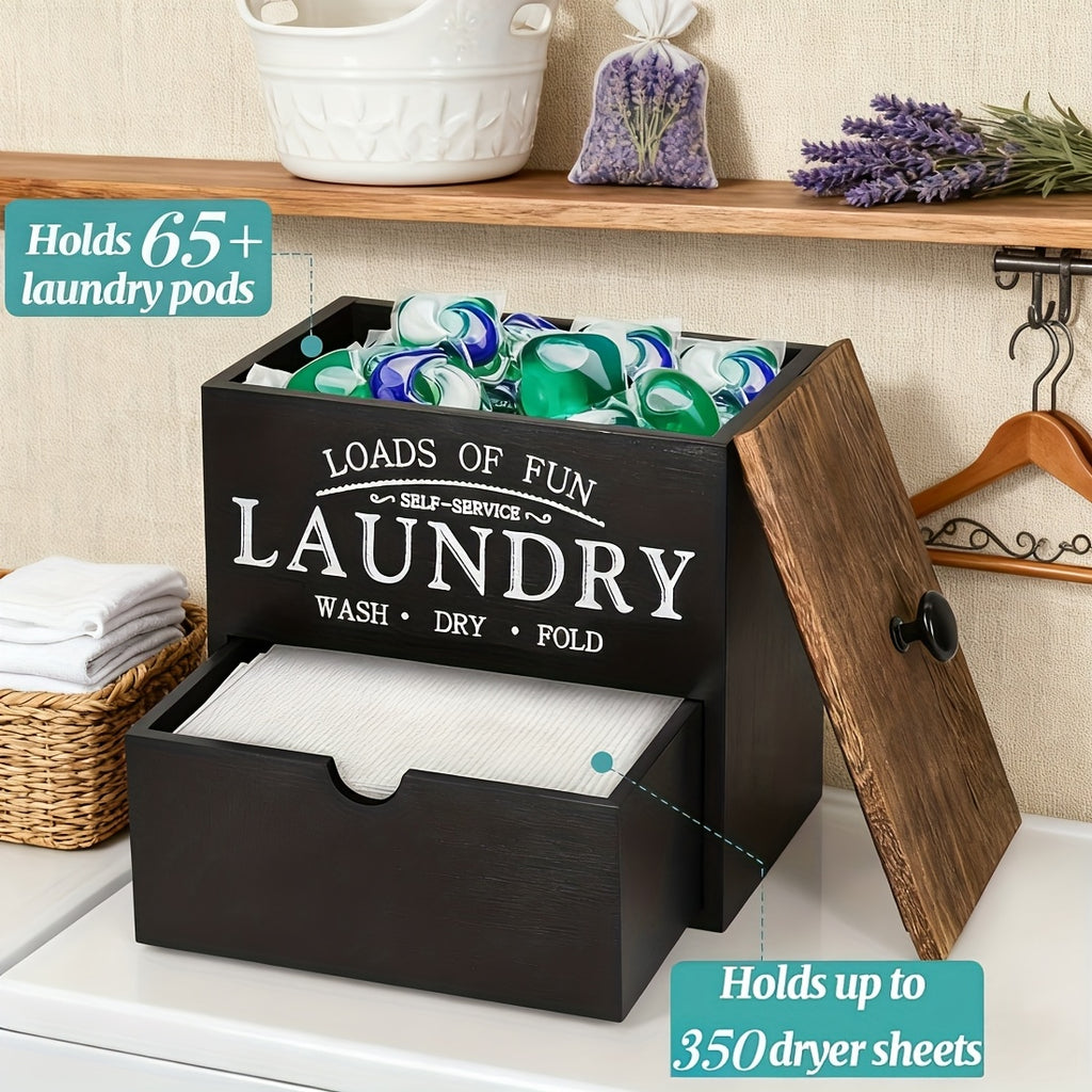 Wooden Dryer Sheet Holder by MONDRAME with Drawer and Lid, Farmhouse Laundry Room Organizer for Wall Mount or Countertop Placement in Black or White Options