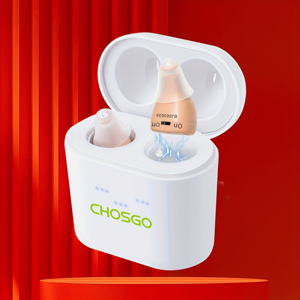 In-Ear Rechargeable Hearing Amplifier Pair with Listed Charging Case, K19RC and K19S Model Labels in Beige, RedBlue or Black for Adult Device Comparison