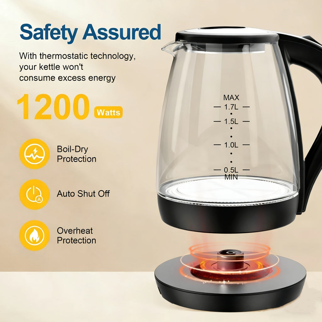Angled-Spout Electric Kettle with Listed 1.7L Capacity and 1200W Heating, Black or Glass Model Labels, Blue LED and Auto-Shutoff Wording for Hot Water Preparation