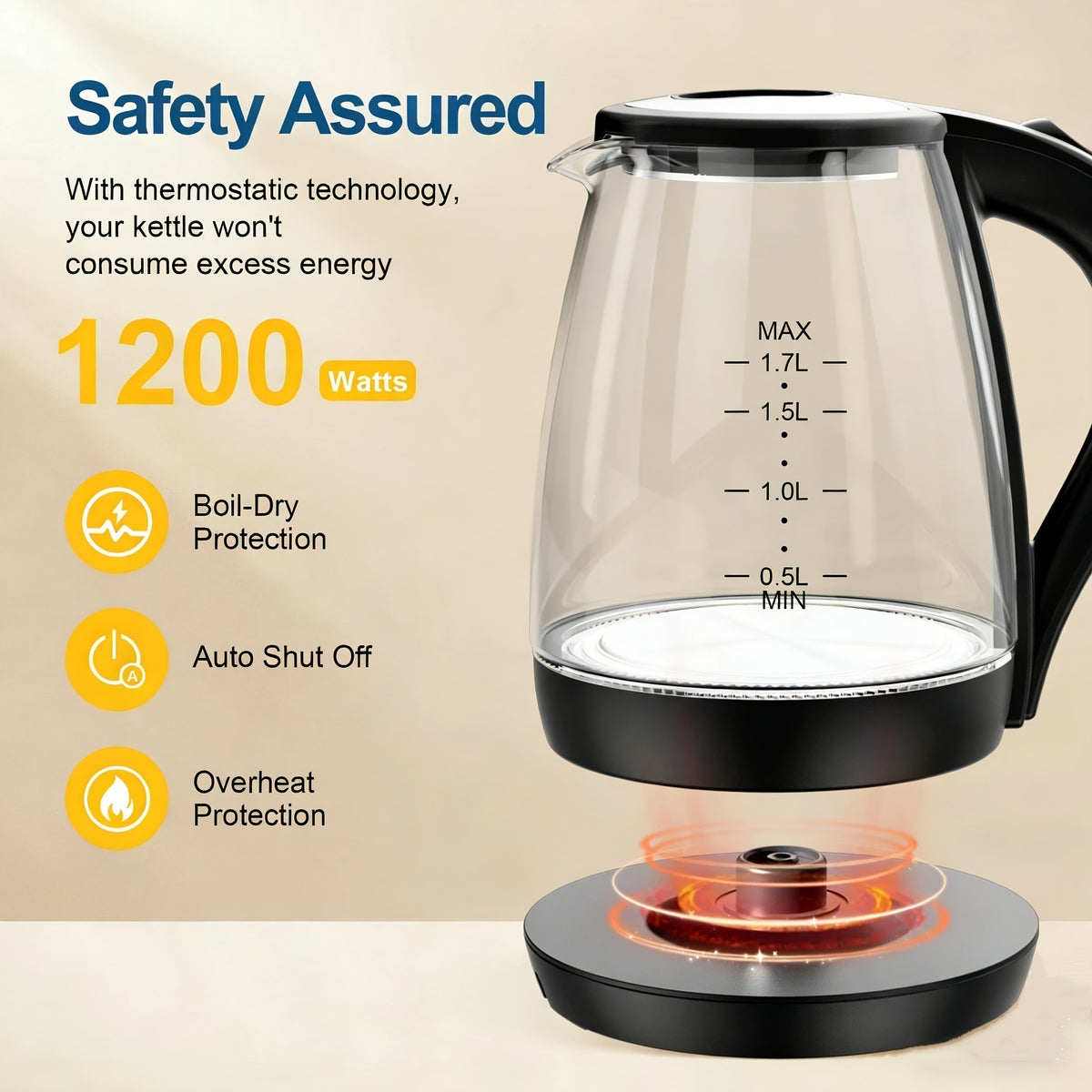 Angled-Spout Electric Kettle with Listed 1.7L Capacity and 1200W Heating, Black or Glass Model Labels, Blue LED and Auto-Shutoff Wording for Hot Water Preparation