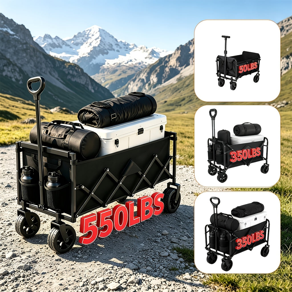 Small Folding Wagon in Black with 50LBS Model Label, Collapsible Utility Cart and Adjustable Pull Handle for Grocery, Garden Supply and Camping Gear Transport