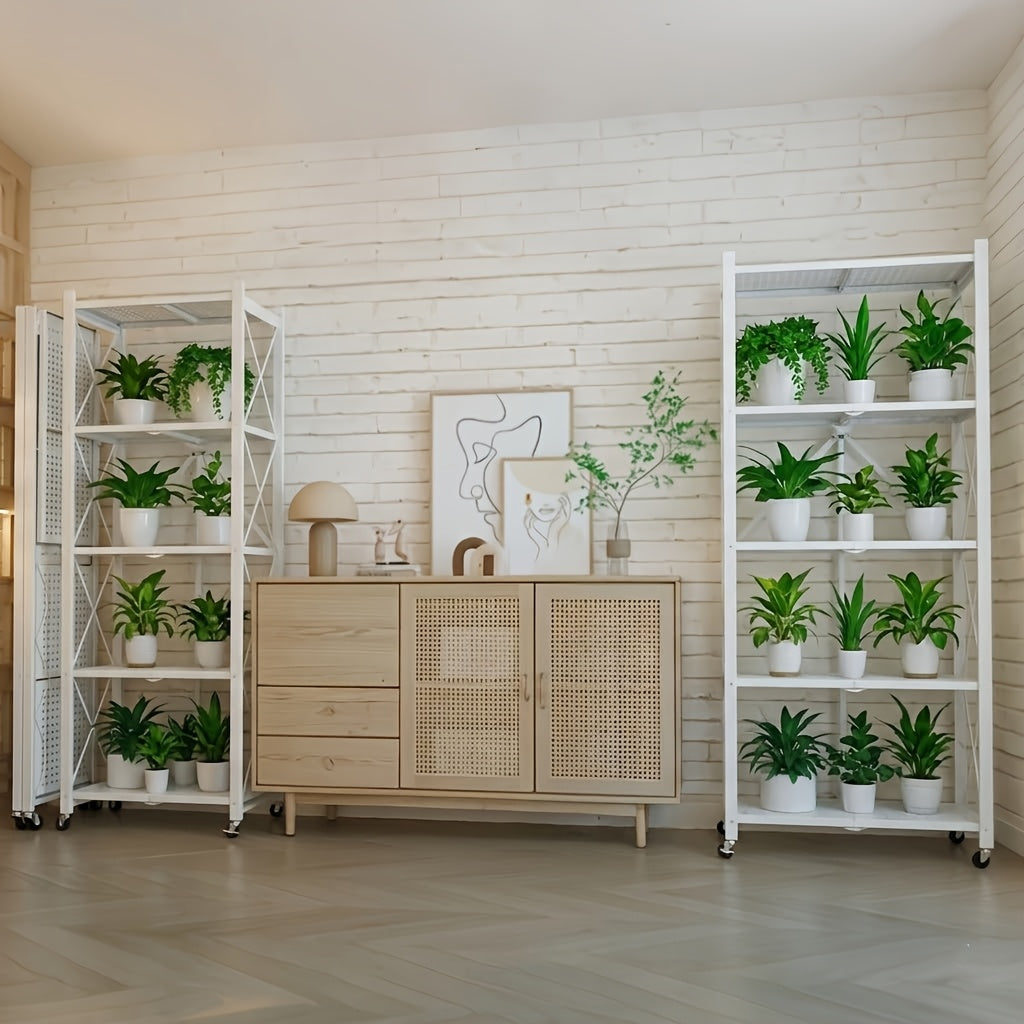 Folding Metal Shelving Unit with Listed Lockable Wheels, 3-, 4- or 5-Tier Storage Rack and Plant Stand in Black, White, Pink or Green for Home Organization