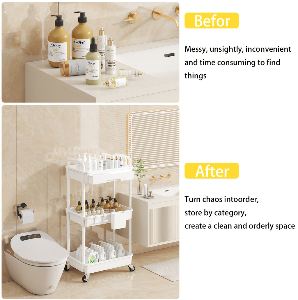Three-Tier Rolling Storage Cart with Drawer, Plastic Organizer with Lockable Wheels, Listed Cup Holders and Hooks in Five Colors for Kitchen, Bathroom and Office