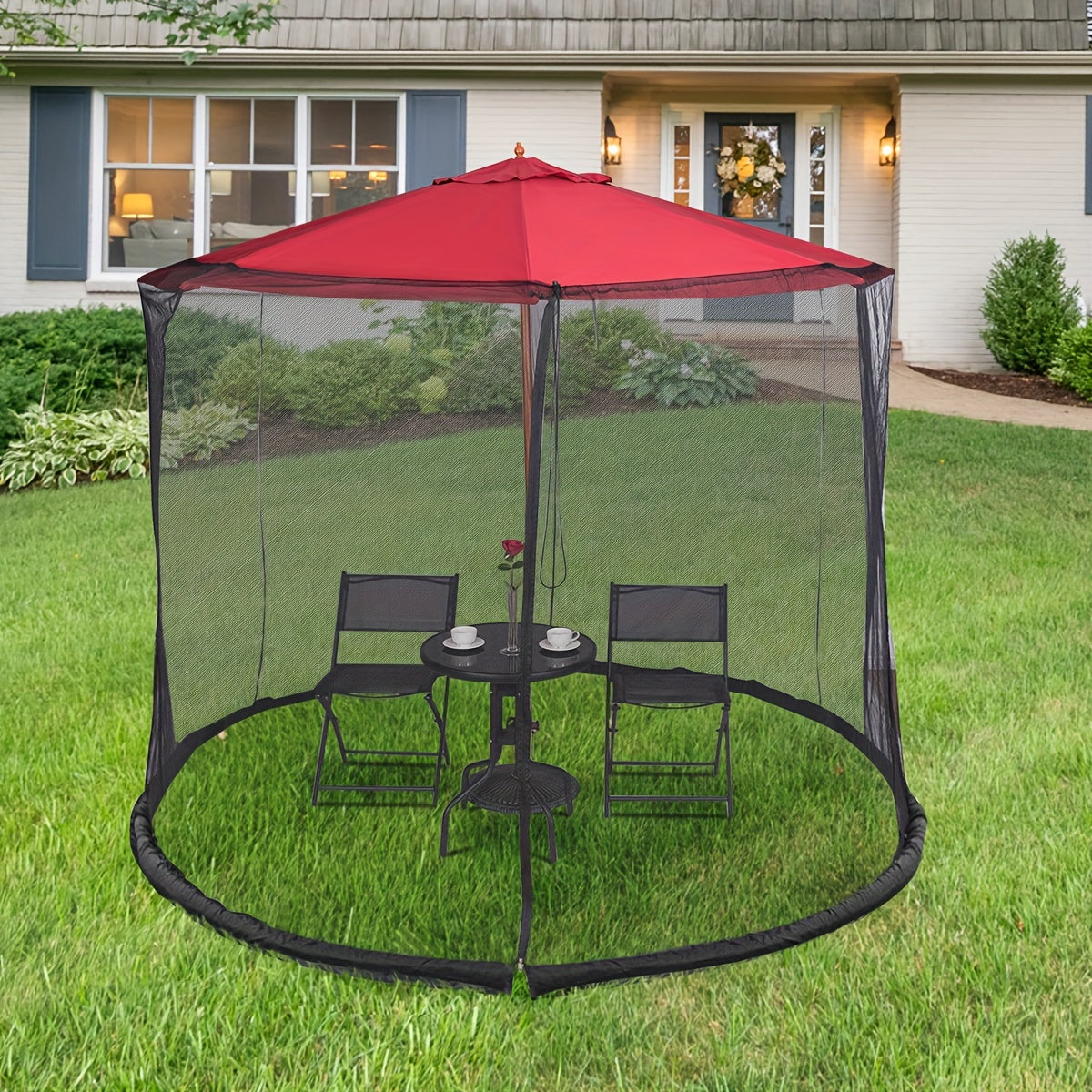 Patio Umbrella Mosquito Netting in Black for Listed 9–10-Foot Canopies, Adjustable Drawstring Screen with Zippered Entrance and Water-Fill Base Tubes