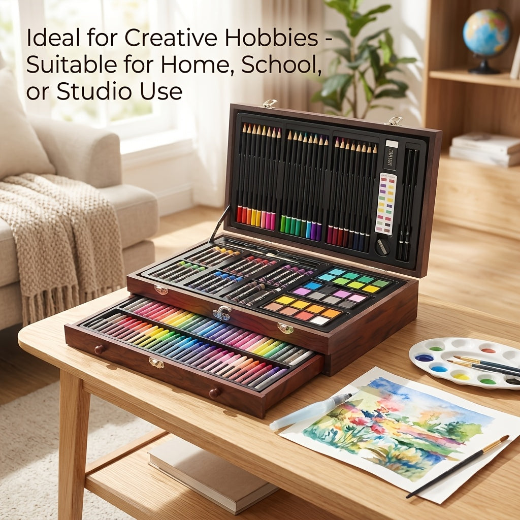 Wooden Case Art Set, 145-Piece Three-Layer Selection with Crayon, Oil Pastel, Watercolor Cake and Colored Pencil References for Drawing and Painting