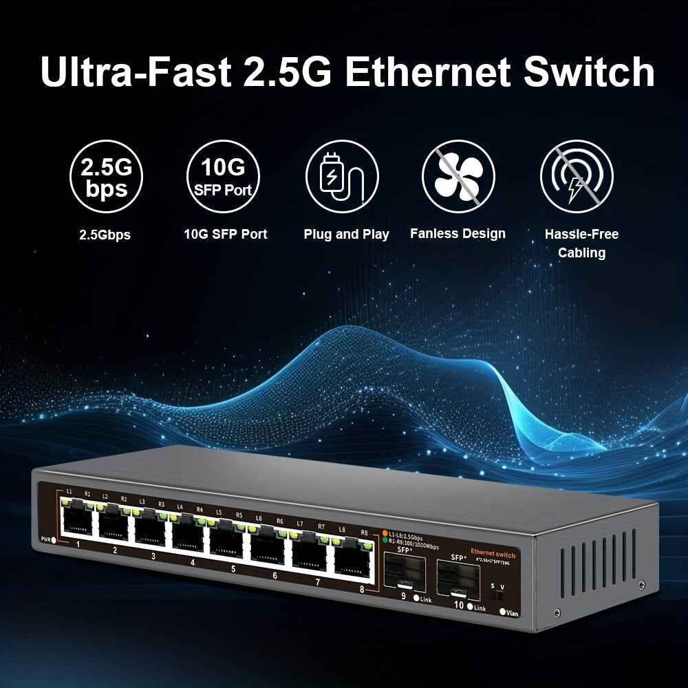 Ten-Port 2.5G Ethernet Switch in Black with Eight Listed RJ45 Ports and Two 10G SFP+ Slots, Fanless Metal Plug-and-Play Network Device for Compatible NAS and PCs