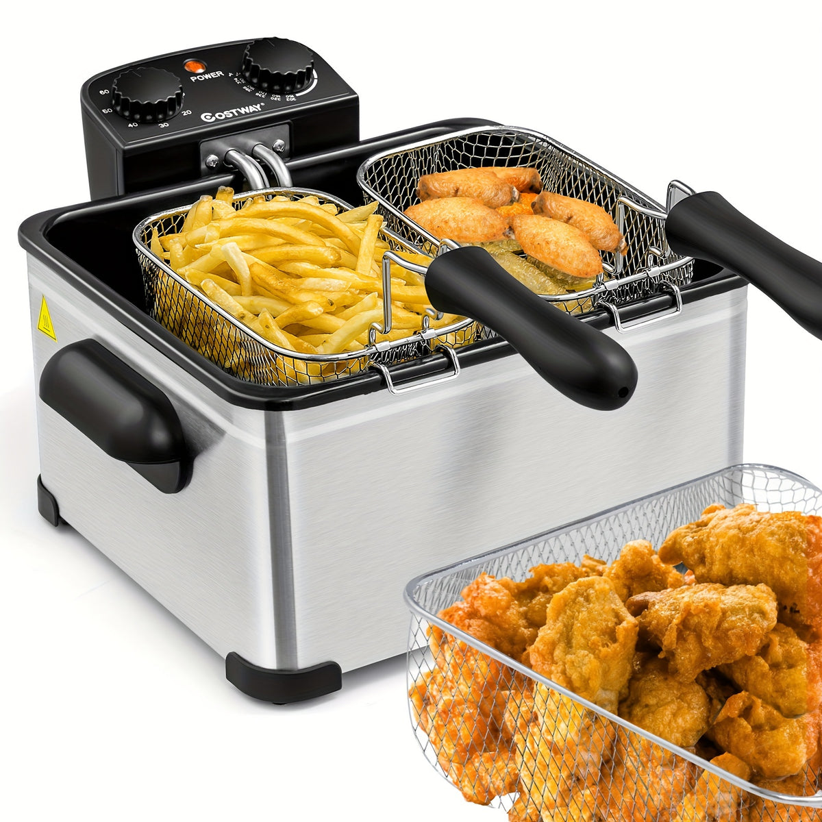 Viewing Window Electric Deep Fryer with Three Baskets, Listed 5.3QT Oil Capacity and 1700W Heating, Adjustable Temperature and Timer for Home Fried Food Preparation