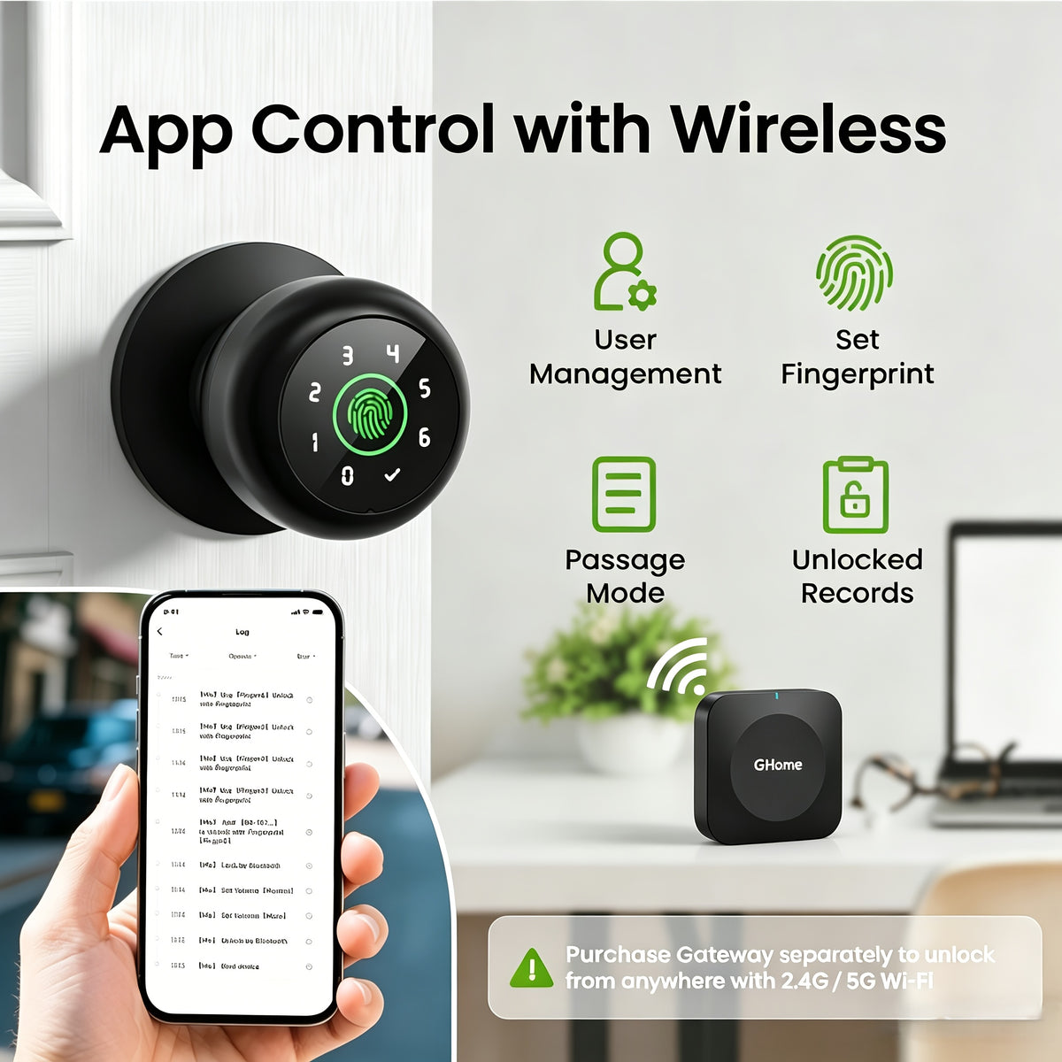 GHome Smart Door Knob Lock with Listed Fingerprint, Keypad and App Features, K20, K10, K02A and PRO Model Options for Compatible Door Access Setups