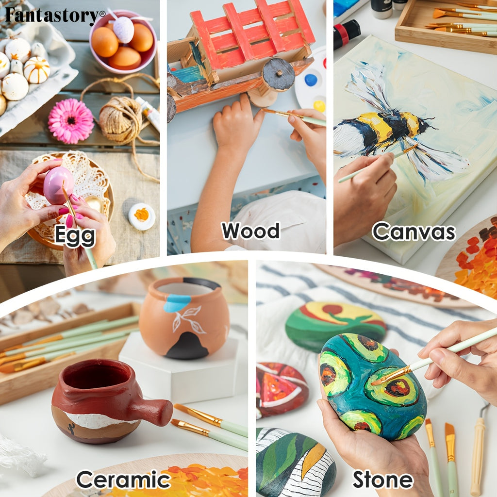 Thick Acrylic Paint Set by Fantastory, 24 Vibrant Colors in Listed 2oz/60ml Sizes with 12 Brushes for Canvas, Wood, Rock, Glass and Ceramic Craft Projects