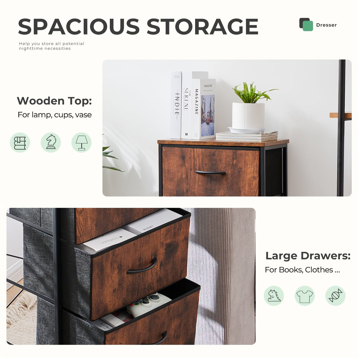 Four-Drawer Fabric Dresser Organizer with Listed Steel Frame and Wood Top, Home and Closet Storage Chest in Neutral, Green, Blue, Pink and Flower Style Options