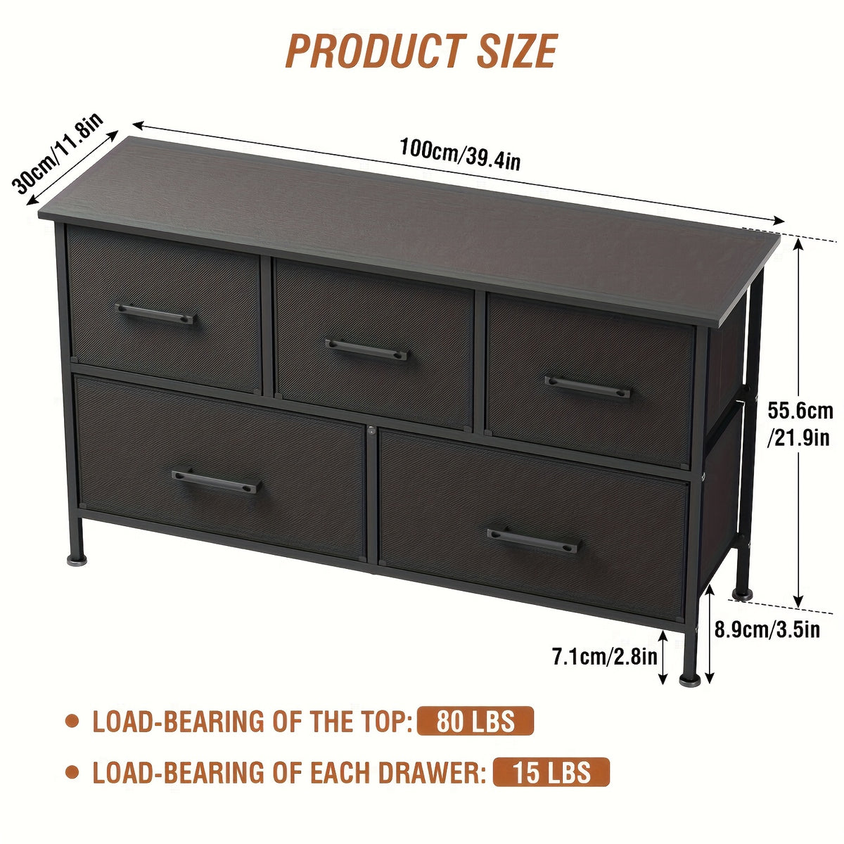 Fabric Drawer Dresser with 5, 8 or 9 Drawers, Steel Frame and Wooden Top for Bedroom, Closet and Entryway Storage in Black, Grey or Nature