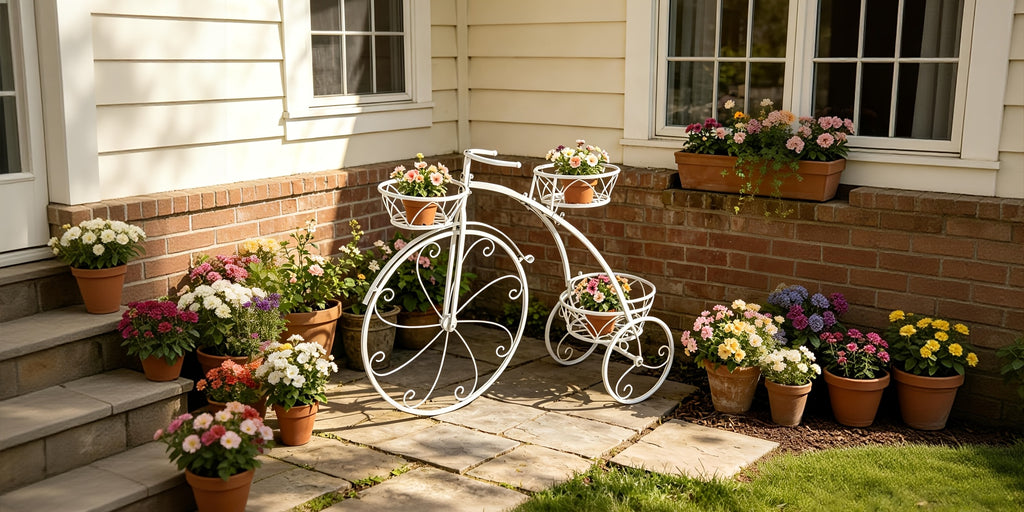 Tricycle Plant Stand in Black or White with Three Iron Pot Holders, Decorative Bicycle Flower Display with Fixed Wheels for Home and Suitable Patio Spaces