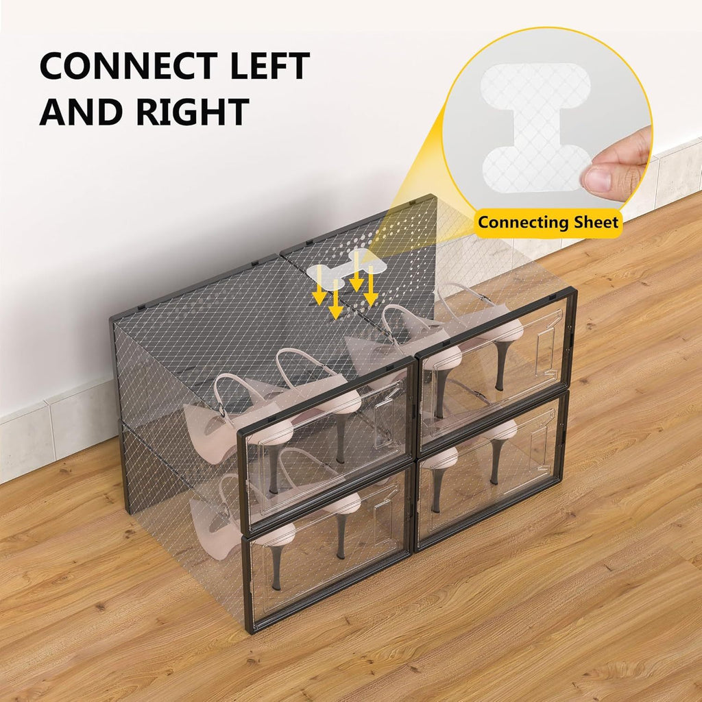 Clear Stackable Sneaker Boxes with Lids, Modular Plastic Shoe Storage Containers in Black or White and 6, 12 or 24 Pack Options for Closet Organization