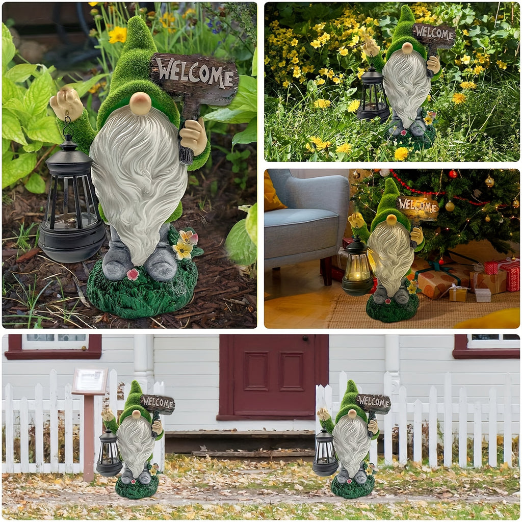 Garden Gnome Statue in Green with Flocked Resin Wording, Solar Lantern and Welcome Sign References for Decorative Porch, Patio and Garden Displays