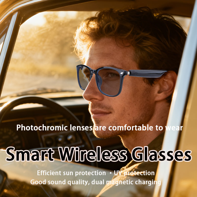 Photochromic Audio Glasses with Touch Control, Built-In Microphone and Rechargeable Wireless Sound, Yellow Frame and Black Temples for Work and Daily Wear