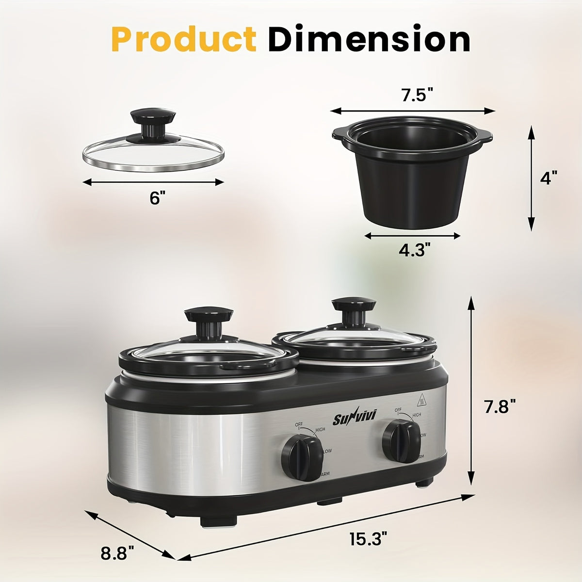 Dual Pot Slow Cooker by RoyalCraft with Two Listed 1.25QT Ceramic Pots, Adjustable Temperature Buffet Server and Warmer in Black, Silvery or Red for Home Hosting
