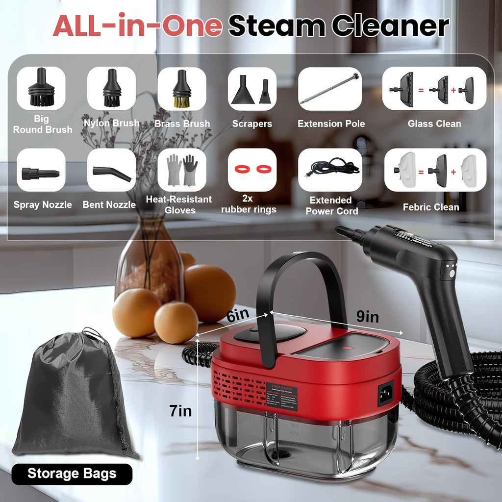 Handheld Steam Cleaner with Listed 1500W Power and 54.1oz Water Tank, Three-Level Handle Control Wording and Red, White or Green Options for Compatible Home Surfaces
