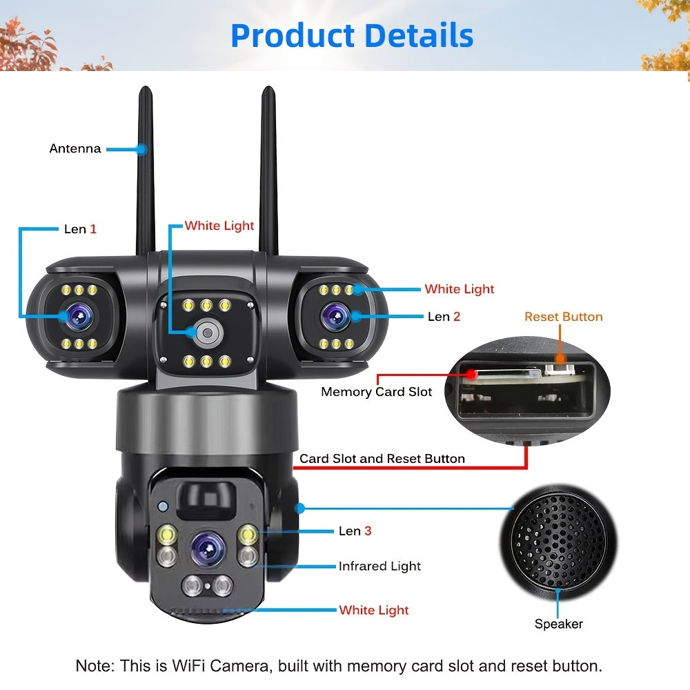Three-Lens Solar WiFi Security Camera with Listed 355-Degree Pan and 90-Degree Tilt, PIR Alerts, Color Night Vision and Two-Way Audio, Two Package Labels