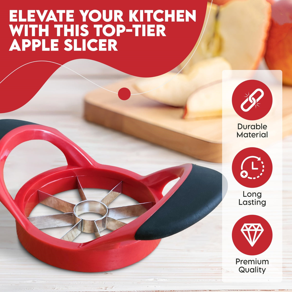 Stainless Steel Apple Slicer with Red Ergonomic Design, One-Piece Coring and Slicing Tool for Home Cooking, Fruit Snacks and Apple Baking Preparation