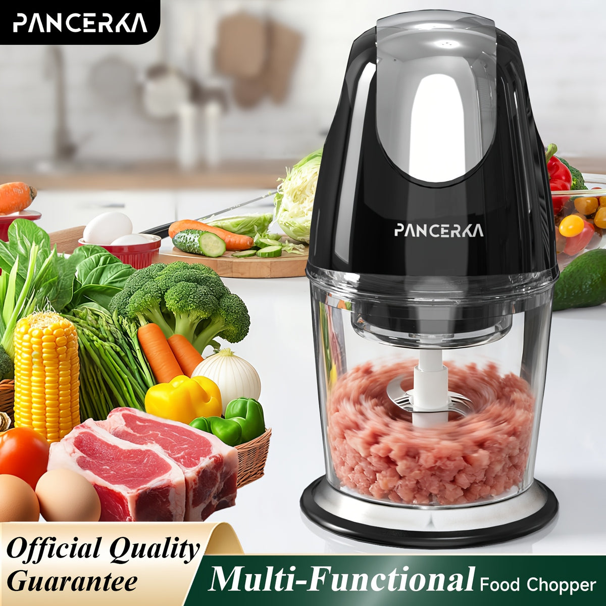 One-Touch Electric Food Chopper by PANCERKA, Listed 20.29oz Capacity with Four Stainless Steel Blades for Compatible Vegetables, Garlic, Fruit and Meat Prep