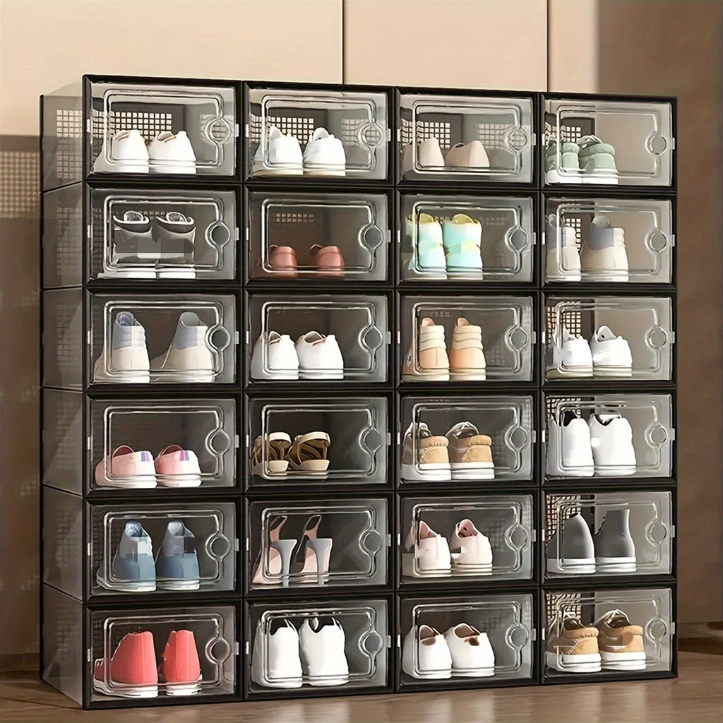 Transparent Shoe Storage Boxes with Lids, Foldable Stackable Plastic Footwear Organizers in White 12-Piece or Gray 12- and 24-Piece Options for Home Storage
