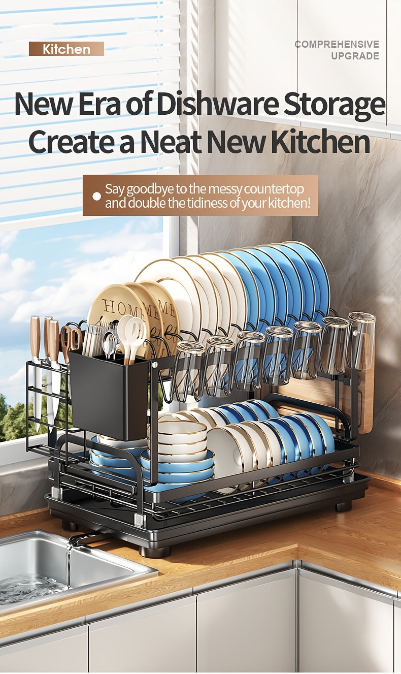 Metal Countertop Dish Rack for Kitchen Tableware Organization, Two-Tier Painted Rack Design with Utensil Holder Reference and Black, Dark Grey or Base Options