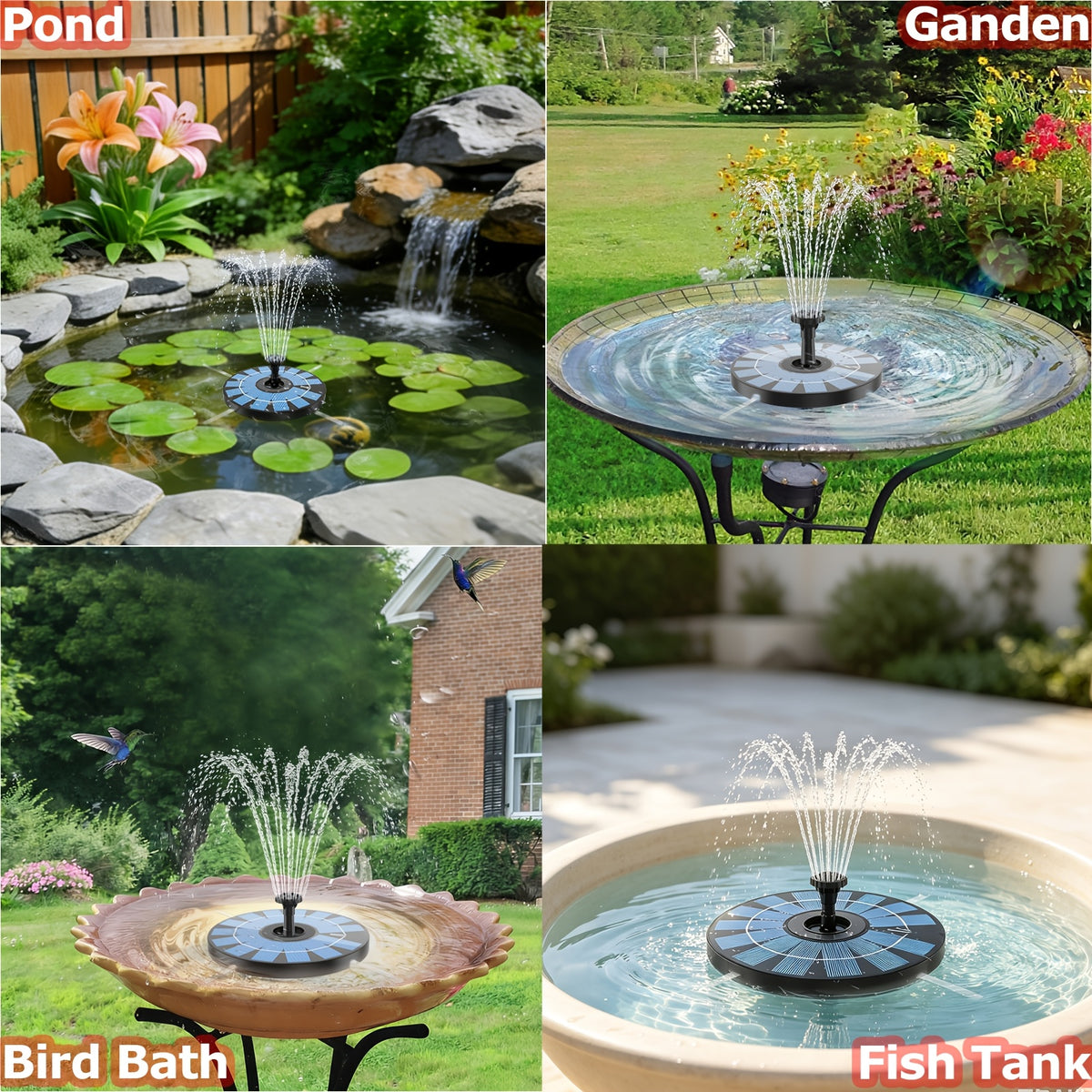 Solar Powered Water Fountain DT-505 with 4 Transparent Support Rods and 6 Spray Nozzles, Round Plastic Fountain Unit for Garden Pond and Courtyard Decor