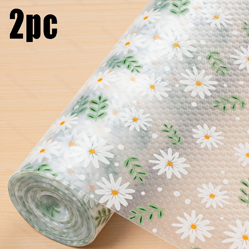Cabinet Liner Rolls with Green Leaf and Floral Pattern, Two-Roll Set in Listed PVC for Compatible Kitchen Drawers, Shelves and Decorative Tabletop Organization