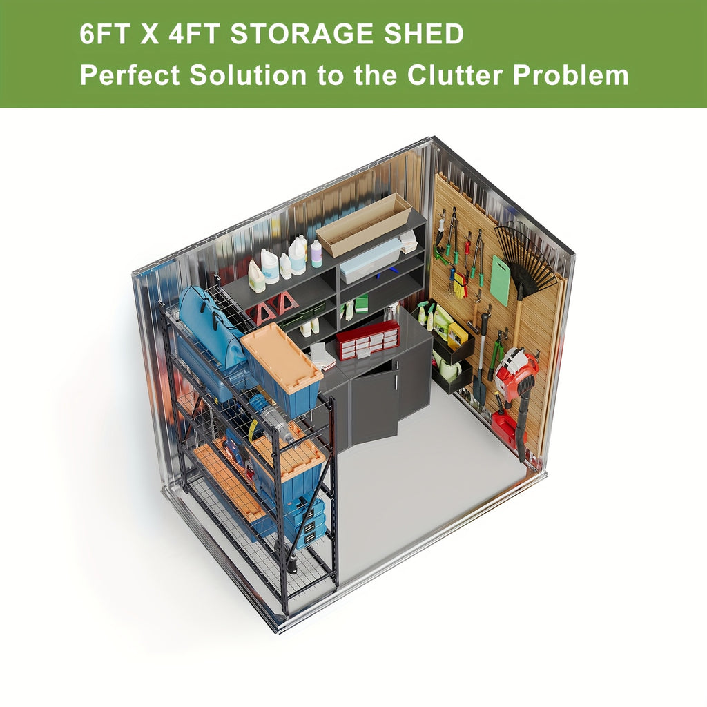 Metal Garden Storage Shed, 6 x 4 FT Class Outdoor Tool Building with Galvanized Steel Frame, Padlock-Ready Doors, Sloped Roof and Vents for Backyard Organization