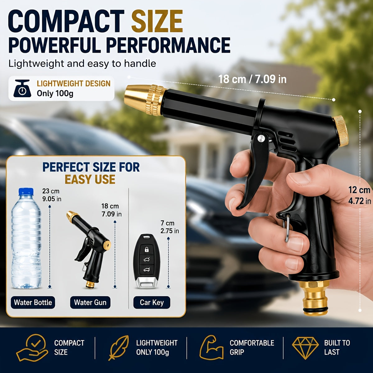 Adjustable Garden Hose Spray Gun with Plastic Body and Metal Nozzle Components, 3/4-Inch US Connection for Car Washing, Motorcycle Cleaning and Watering