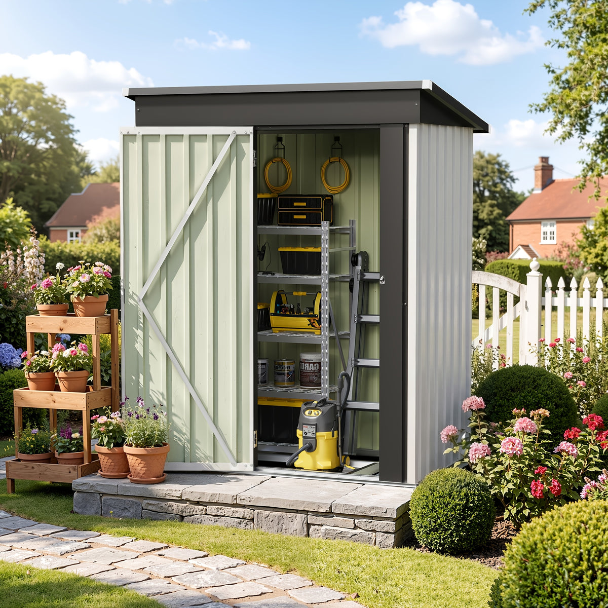 Outdoor Metal Tool Shed in Listed 5 x 3 FT Size, Garden Storage Building with Single Lockable Door and Sloping Roof, Brown, Grey or White Model Options