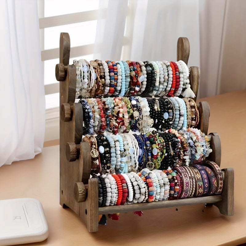 Wooden Bracelet Organizer, 4-Tier Vintage Jewelry Display Rack for Necklaces, Watches and Hair Ties, Desktop Storage for Dresser & Vanity