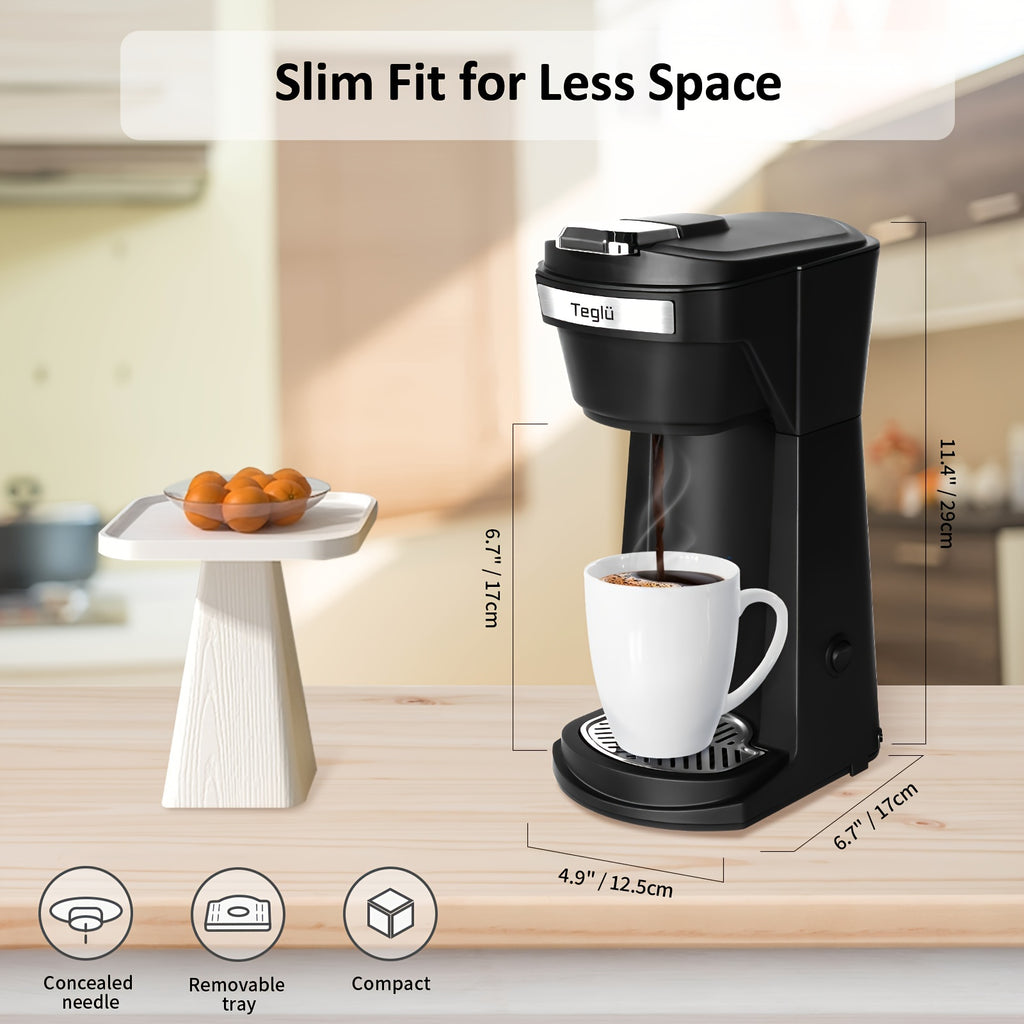 Single Serve Coffee Maker 2 in 1 for K Cup Pods & Ground Coffee, One-Button 2-Minute Brew, 6-14 oz Sizes, Auto Off, Compact for Office, Travel & Dorm, 4 Colors