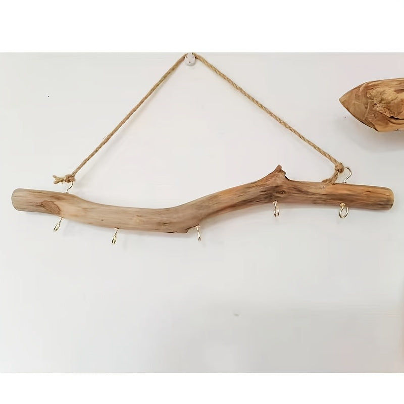 Driftwood Jewelry Wall Organizer with Five Metal Hooks, Approximately 36cm Natural Branch Necklace and Bracelet Rack for Rustic, Boho and Farmhouse Room Displays
