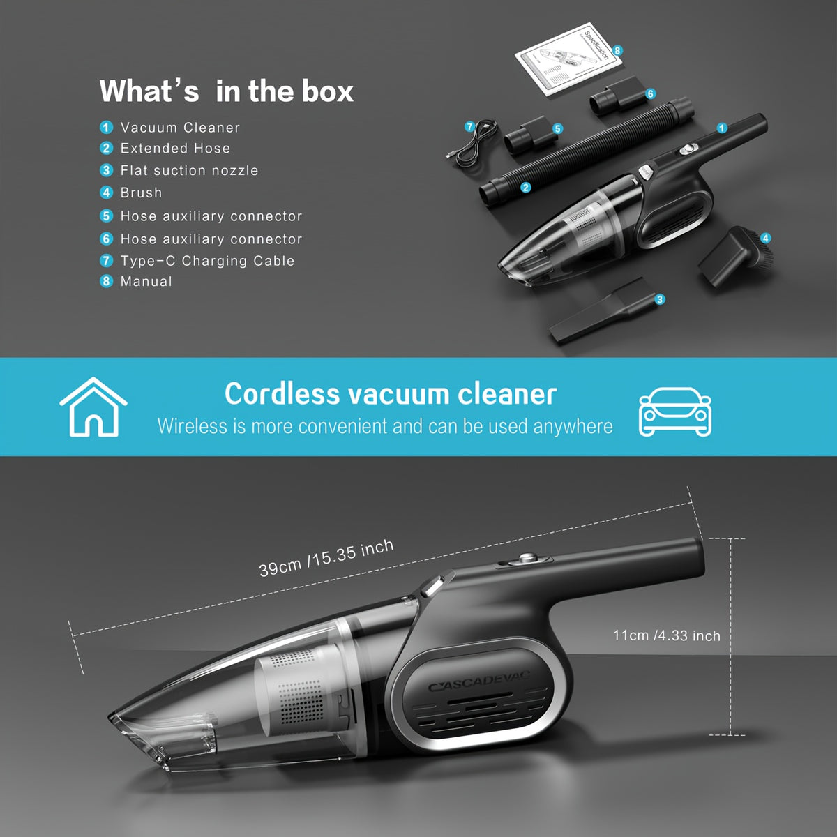Mini Cordless Handheld Vacuum with 6000Pa Suction, Dual Filtration, One-Click Dust Cup Emptying and USB Charging, 2000mAh Battery for Home and Car Cleanup
