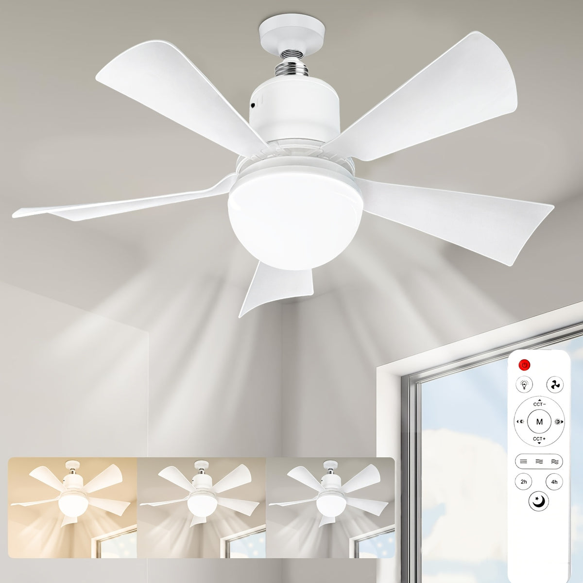 20.5 Inch Socket Fan Light with Remote, E26 Base Screw-In Ceiling Fan with Dimmable Light, Small Ceiling Fan for Garage, Bathroom, Bedroom and Kitchen Cooling and Illumination, White