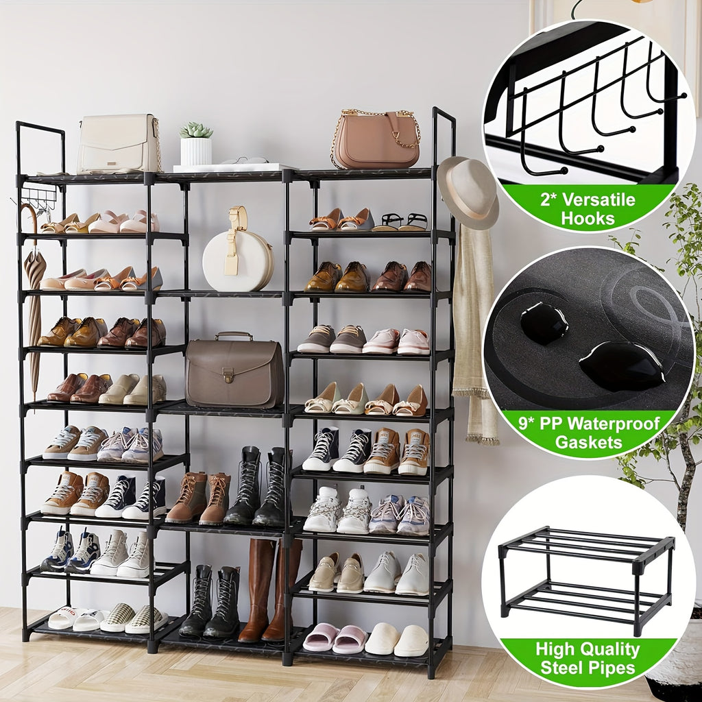 Nine-Tier Shoe Rack with Hooks, Black Metal Stackable Footwear Organizer with Listed 50–55 Pair Capacity for Entryway, Bedroom and Closet Storage