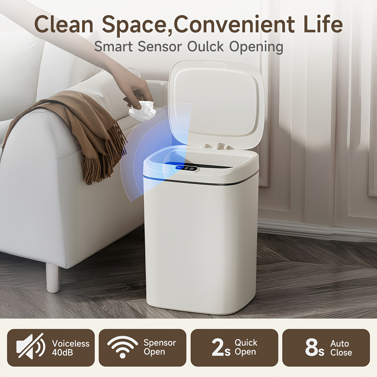 Touchless Plastic Trash Can with Motion Sensor Lid, 3.17 or 4.23-Gallon Capacity Options and Selected Bag Rings or Holders for Kitchen, Bathroom and Office
