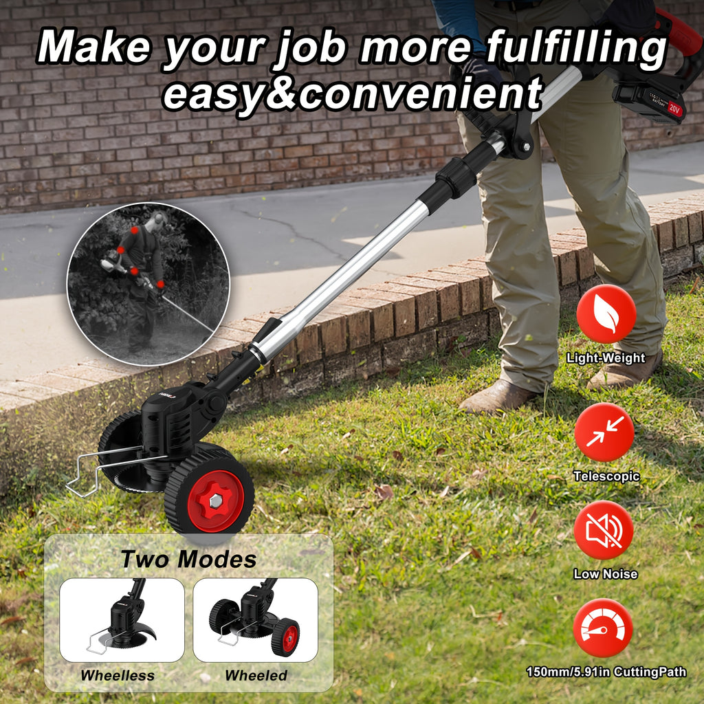 Adjustable Cordless Grass Trimmer with Rotating Head, Listed Three Blades and Two Batteries, Standard Red or Upgraded Color Options for Home Lawn and Garden Maintenance