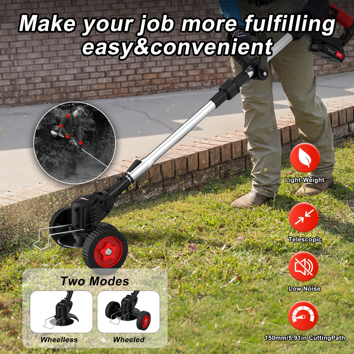 Adjustable Cordless Grass Trimmer with Rotating Head, Listed Three Blades and Two Batteries, Standard Red or Upgraded Color Options for Home Lawn and Garden Maintenance