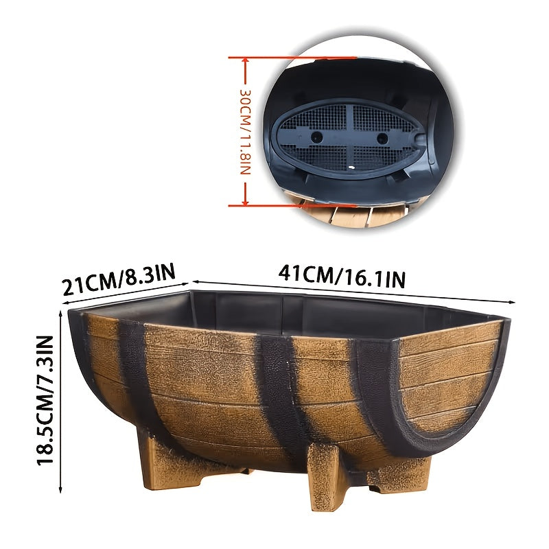 Whiskey Barrel Planter, 16.5-Inch Oval Faux Wood Resin Flower Pot with Removable Drainage Plate for Porch, Patio, Balcony and Indoor Farmhouse Decor