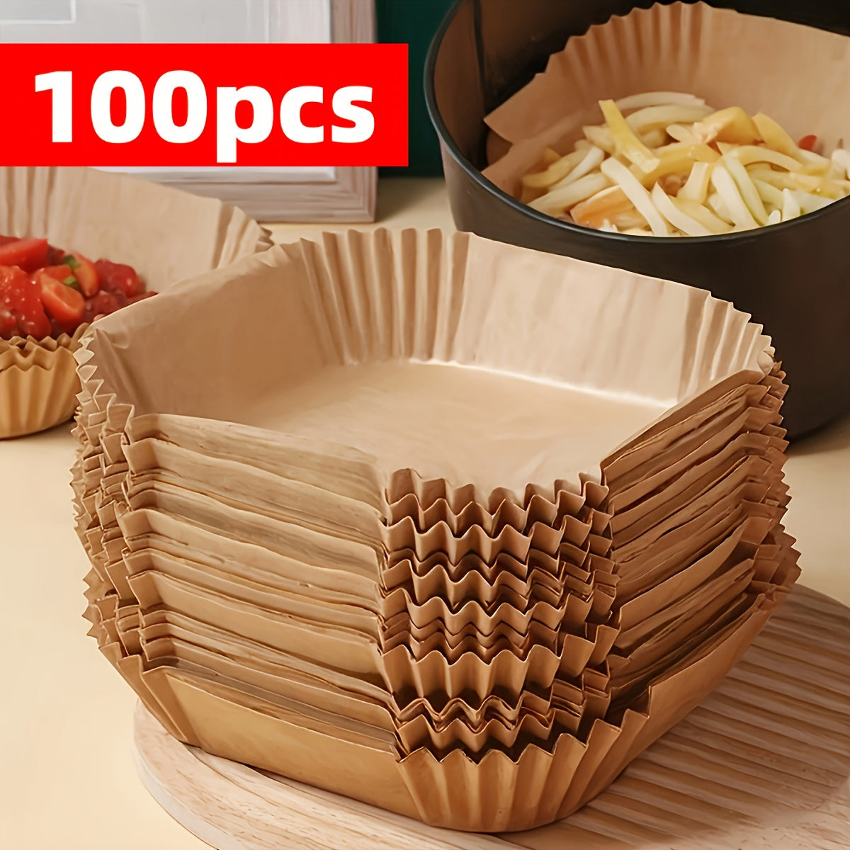 Pleated Air Fryer Paper Liners in 30 or 100-Piece Packs, Disposable Nonstick Cooking Sheets for Compatible Basket Cooking, Baking and Roasting Cleanup