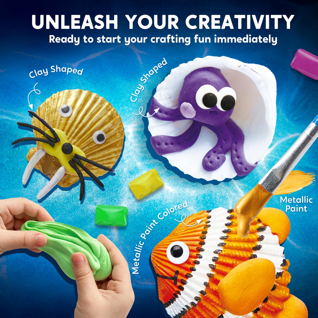 Seashell Painting Kit by SYNCFUN, 12-Shell Ocean Craft Set with 4 Glow-in-the-Dark Paint Bottles and 4 Brushes for Ages 6–12 Supervised Art Activities