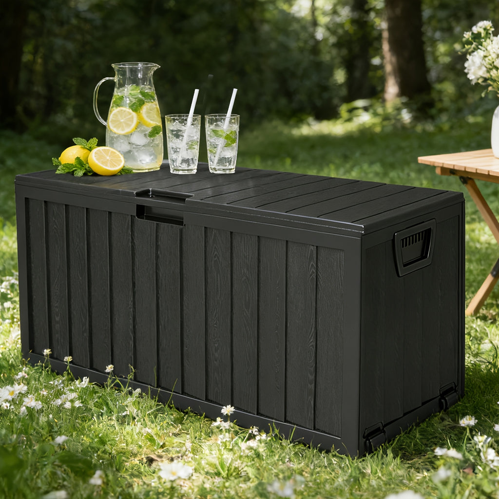 Outdoor Deck Storage Box in Black with Listed 75-Gallon Capacity, Locking Hole and Bottom Casters for Organizing Compatible Patio, Porch and Garden Essentials