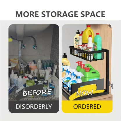 Under Sink Organizer in Black with 2-Tier Slide-Out Storage, Pull-Out Cabinet Shelf for Kitchen and Bathroom Essentials, Single or Two-Pack Options