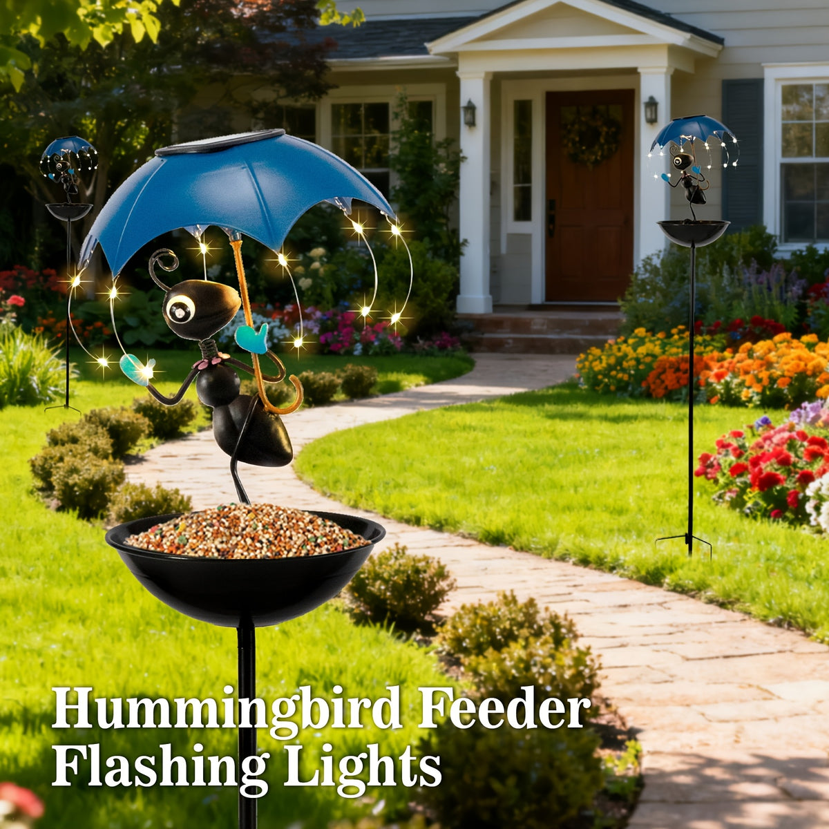 Solar Garden Decoration with Listed LED Light String and Bird Feeder Wording, Single Black Ant Option Label for Outdoor Lawn, Terrace and Pathside Displays