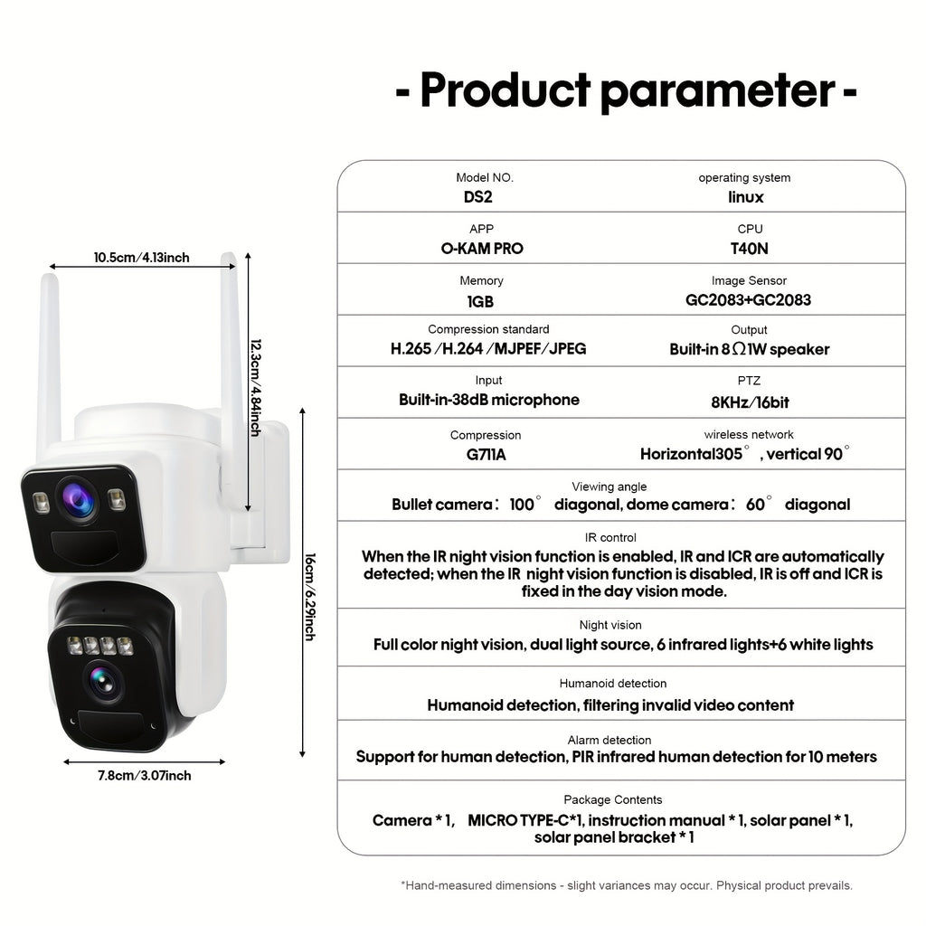 Dual-Screen Solar WiFi Security Camera with Fixed Wide-Angle and Rotating PTZ Lenses, 8000mAh Battery, Night Vision, Two-Way Audio and Optional TF Card Packages
