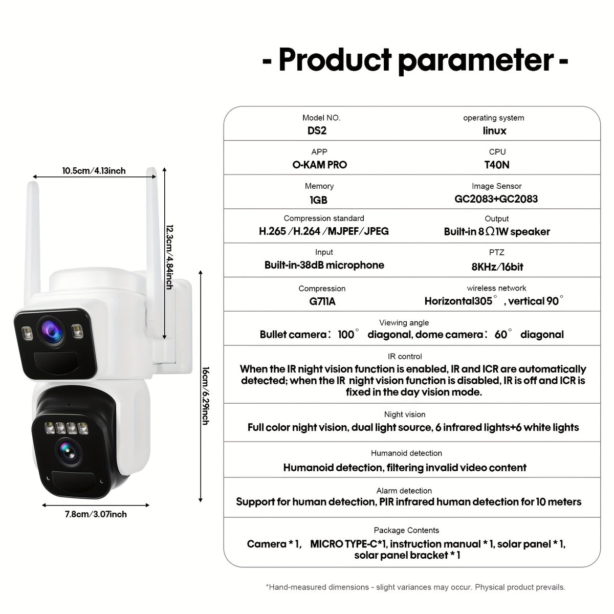 Dual-Screen Solar WiFi Security Camera with Fixed Wide-Angle and Rotating PTZ Lenses, 8000mAh Battery, Night Vision, Two-Way Audio and Optional TF Card Packages